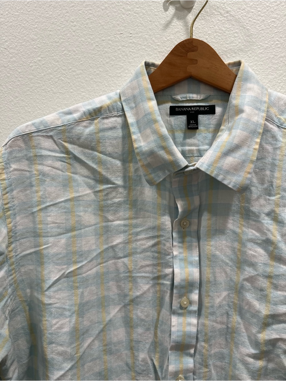 Banana Republic Men’s Light Blue & Yellow Plaid Button-Up Shirt Linen Blend b